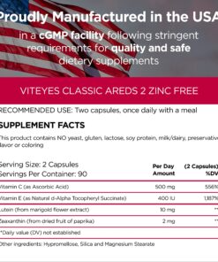 Viteyes AREDS 2 Zinc Free Macular Support, Natural Allergen Free Capsules with Vitamin E, Vitamin C, Lutein & Zeaxanthin, No Zinc, No Copper, Eye Doctor Trusted, Manufactured in The USA, 180 Ct 180 Count (Pack of 1) 12 81r9IMpomL