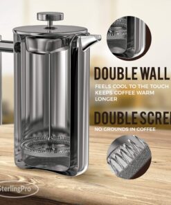 Alternative view of SterlingPro French Press Coffee Maker (1L)-Double Walled Large Coffee Press with 2 Free Filters-Enjoy Granule-Free Coffee Guaranteed, Stylish Rust Free Kitchen Accessory-Stainless Steel French Press 1 L Mirror Finish