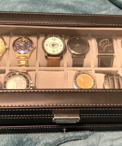 SONGMICS 12-Slot Watch Box, Lockable Watch Case with Glass Lid, 2 Layers, with 1 Drawer for Rings, Bracelets, Gift Idea, Black Synthetic Leather, Gray Lining UJWB012 Black + Gray 12 Slot 44 81rPzhta85L