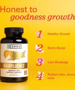 Zhou Hairfluence, Hair Growth Supplement with Biotin 5000mcg, Collagen, Keratin, Vitamin A, C, D3 & B12, Stronger Hair Skin and Nails, Non-GMO, Gluten Free, 60 Veg Caps 35 81rnsUzn4JL