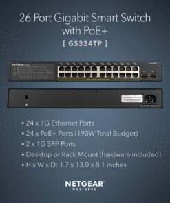 NETGEAR 26-Port PoE Gigabit Ethernet Smart Switch (GS324TP) - Managed, with 24 x PoE+ @ 190W, 2 x 1G SFP, Desktop or Rackmount, S350 series 26 port | 24xPoE+ 190W | 2xSFP 11 81sJ6dsyOBL