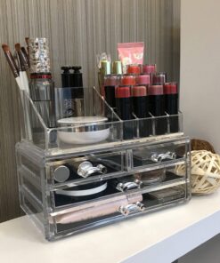 Ikee Design Clear Acrylic Makeup Organizer, Elegant Makeup Storage Organizer for a Stylish Vanity, Bathroom, or Dresser Décor, Clear Design for Easy Visibility and Quick Access 1) 1 Top 4 Drawers 43 81sTrbNOIBL