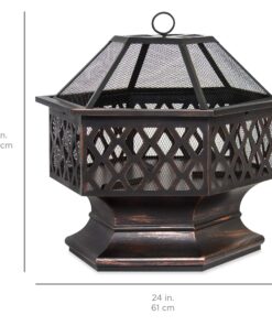 Best Choice Products Hex-Shaped 24in Steel Fire Pit, Black Metal Wood Burning Firepit, Portable Hexagon Fire Bowl for Outside, Patio, Backyard w/Flame-Retardant Mesh Lid 25 81sYg8hQL