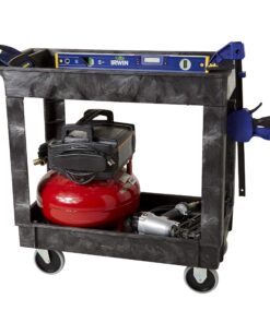 Rubbermaid Commercial Products 2-Shelf Service/Utility Cart with Wheels, 300-Pound Capacity, Black, Lipped Shelves with Handle, Use in School/Restaurant/Warehouse/Manufacturing Small 18 81sieGyygkL