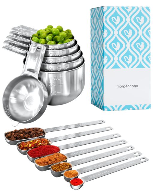 Stainless Steel Measuring Cups & Spoons Set - Heavy Duty, Stackable 13-Piece Set - Dry Foods, Liquids, Dishwasher-safe - Professional Metal Kitchen Utensils By Morgenhaan 13-Piece Baker's Bliss Kit