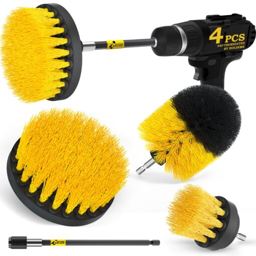 Holikme 4Pack Drill Brush Power Scrubber Cleaning Brush Extended Long Attachment Set All Purpose Scrub Brushes Kit for Grout, Floor, Tub, Shower, Tile, Bathroom and Kitchen Surface，Yellow Yellow