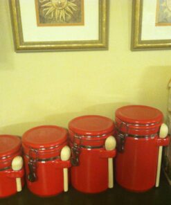 Canister Sets For The Kitchen (4 Piece Set) Red, High Gloss Ceramic | By Home Basics | Decorative | With Wooden Spoons, Countertop Set For Flour, Sugar, Coffee, and Snacks 39 81tQ3DjUmXL