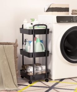 Vtopmart 3 Tier Rolling Cart with Wheels, Detachable Utility Storage Cart with Handle and Lockable Casters, Storage Basket Organizer Shelves, Easy Assemble for Bathroom, Kitchen, Black 20 81tkspJP7L