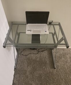 Walker Edison Metal and Glass Work From Home Laptop Computer Gaming Desk with Slide In Keyboard Tray Home Office, 31 Inch, Silver Single Desk Stanford 51 81trOIs3nBL