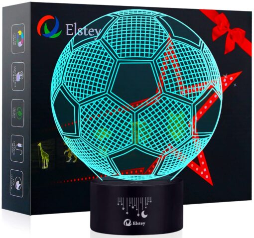 Elstey Soccer 3D LED Night Light Touch Table Desk Optical Illusion Lamps, 7 Color Changing Lights with Acrylic Flat & ABS Base & USB Charger