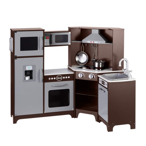 Amazon Basics Kids Corner Wooden Kitchen Toy Playset with Stove, Oven, Sink, Fridge and Accessories, for Toddlers, Preschoolers, Children Age 3+ Years, Espresso/Gray, 39.37"L x 28.35"W x 35.04"H Corner Kitchen