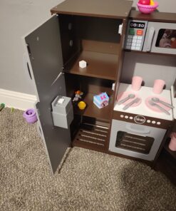 Amazon Basics Kids Corner Wooden Kitchen Toy Playset with Stove, Oven, Sink, Fridge and Accessories, for Toddlers, Preschoolers, Children Age 3+ Years, Espresso/Gray, 39.37"L x 28.35"W x 35.04"H Corner Kitchen 44 81u7txSJuhL