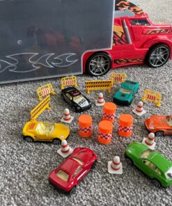 Amazon Basics Toy Car Carrier Truck With Storage For Kids Ages 3 and Up, 6-Pieces Diecast Vehicles & 16 Accessories, Multicolor, Medium 71 81uC9oBpZYL