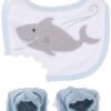 Baby Aspen Bib and Booties Gift Set, Chomp and Stomp Shark, 0-9 Month White/Grey 34 81uHVNhjLNL
