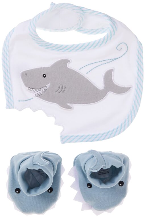 Baby Aspen Bib and Booties Gift Set, Chomp and Stomp Shark, 0-9 Month White/Grey