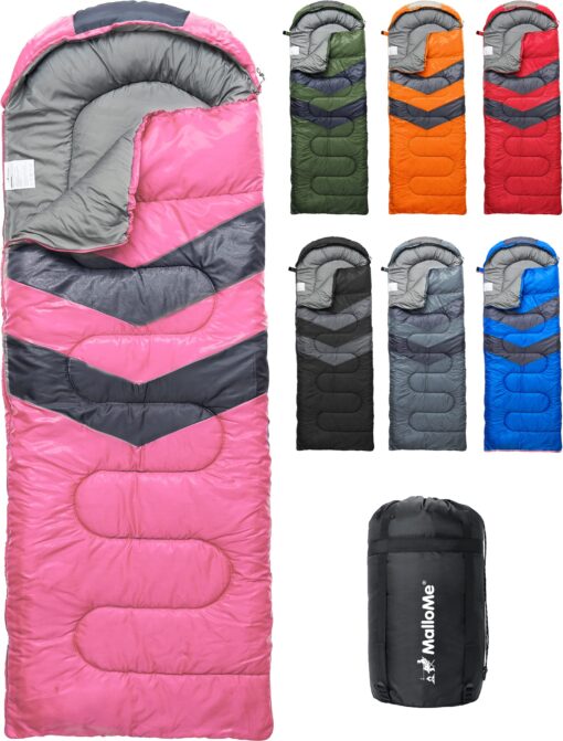 MalloMe Sleeping Bags for Adults Cold Weather & Warm - Backpacking Camping Sleeping Bag for Kids 10-12, Girls, Boys - Lightweight Compact Camping Gear Must Haves Hiking Essentials Sleep Accessories Single - 29.5in x 86.6" Blossom Pink