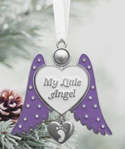 Alternative view of Jeweled Angel Ornament with Hanging Baby Footprint Heart Shaped Charm - My Little Angel - Newborn Baby Gift - Silver Metal 3 Inch