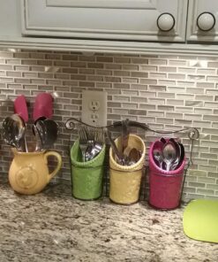ienjoyware Kitchen Utensil Holder Set (4 Pieces) - 3 Ceramic Crocks & 1 Portable Wire Caddy - Multi-Color Multicolor 26 81uYX9f8UzL 1