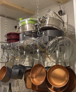 Rogar Hammered Steel Rectangular Pot Rack with Grid and Chrome Accessories 30-in. 29 81uZQMLZsHL