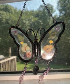 Mom Butterfly Suncatcher with Pressed Flower Wings and Silver Heart Charm - Hanging Height 8" 1 28 81v3CF1LXEL
