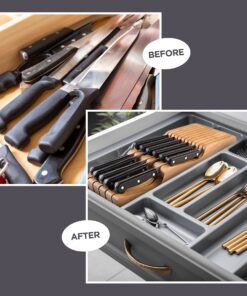 Bambüsi In-Drawer Knife Block - Bamboo Knife Drawer Organizer for Kitchen | Fits 5 Long + 6 Short Knives | Store Knives with Blades Pointing Down - Wooden Steak knife Holder without Knives Natural 28 81vIumQddL