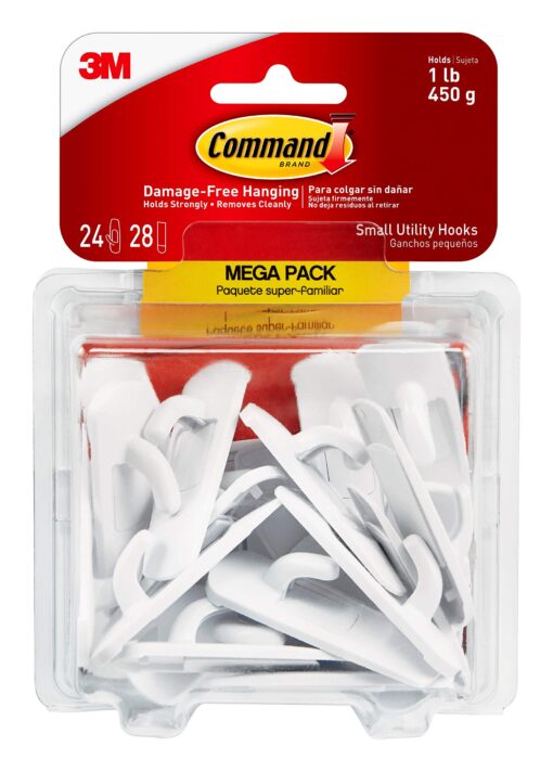 Command Small Utility Hooks, Damage Free Hanging Wall Hooks with Adhesive Strips, No Tools Wall Hooks for Hanging Organizational Items in Living Spaces, 24 White Hooks and 28 Command Strips