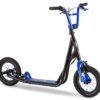Mongoose Expo Youth Kick Scooter, Suggested for Riders with Ages 6 to 9 Years Old, Max. Weight of 175 lbs., Front and Rear Caliper Brakes, Rear Axle Pegs, 12-Inch Inflatable Wheels Black/Blue 50 81vJLcU4eIL
