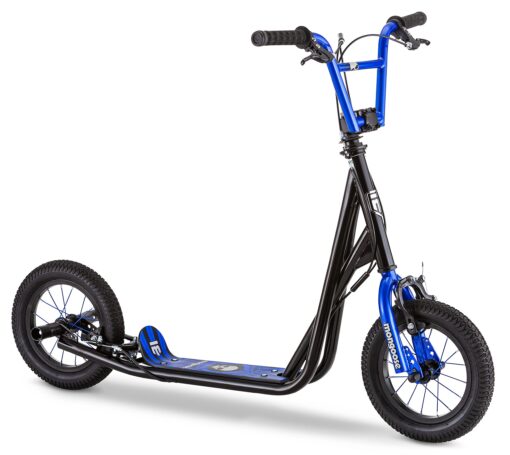 Mongoose Expo Youth Kick Scooter, Suggested for Riders with Ages 6 to 9 Years Old, Max. Weight of 175 lbs., Front and Rear Caliper Brakes, Rear Axle Pegs, 12-Inch Inflatable Wheels Black/Blue