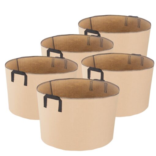 iPower 15 Gallon Grow Bags Nonwoven Fabric Pots Aeration Container with Strap Handles for Garden and Planting, 5-Pack Tan, 15 Gallon