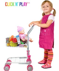 Precious Toys Shopping Cart with Food, Play Grocery Cart with 23 Pieces, Fits 18 inch Baby Dolls, Smooth Rolling Wheels, Folds for Easy Storage, Gift for Kids Ages 2+,Pink & Black 26 81vQWt5DRrL
