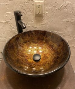 ELECWISH Bathroom Vessel Sink with Faucet Mounting Ring and Pop Up Drain 16.5 Inch Tempered Glass Basin (Brown) Brown 40 81vWG7Um2xL