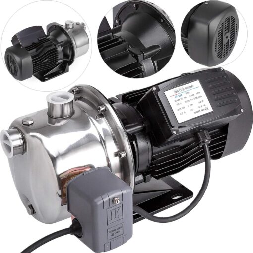 Happybuy Shallow Well Jet Pump with Pressure Switch (750W 1.0HP 17.6GPM 147.6ft) Stainless Steel without Tank 750w 1.0hp 17.6gpm 147.6ft