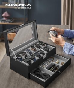 SONGMICS 12-Slot Watch Box, Lockable Watch Case with Glass Lid, 2 Layers, with 1 Drawer for Rings, Bracelets, Gift Idea, Black Synthetic Leather, Gray Lining UJWB012 Black + Gray 12 Slot 25 81vvDefFBnL