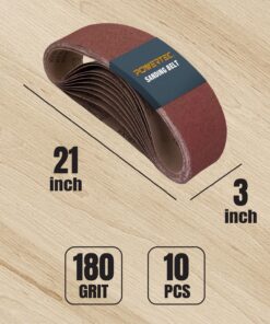 POWERTEC 3 x 21 Inch Sanding Belts, 180 Grit Aluminum Oxide Belt Sander Sanding Belt for Portable Belt Sander, Wood & Paint Sanding, Metal Polishing, 10PK (110950) 3''x21'', 180 Grit 8 81w 41KLGZL