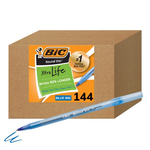 BIC Round Stic Xtra Life Blue Ballpoint Pens, Medium Point (1.0mm), 144-Count Pack of Bulk Pens, Flexible Round Barrel for Writing Comfort, No. 1 Selling Ballpoint Pens