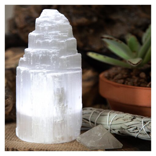 Beverly Oaks Natural Crystal Desk Lamp with LED Bulb - Healing Mineral Crystal Table Lamps (Selenite) Selenite