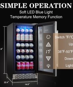 Alternative view of Beverage Refrigerator, Phiestina15 inch 96 Cans Built-in or Freestanding Beverage Cooler Mini Fridge with Auto Defrost,Glass Door & 6 Removable Shelves for Home Bar Office 22.4"D x 14.9"W x 33.9"H Stainless Steel