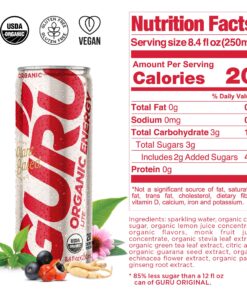 GURU Lite Natural Energy Drink - Low Calorie, Vegan, Organic Energy Drinks - Experience Energy Without the Jitters, Rush or Crash - 24 x 8oz/250ml Cans 8.4 Fl Oz (Pack of 24) 23 81wUni97G0L
