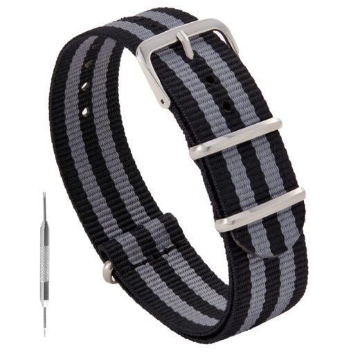 Benchmark Basics Nylon Watch Band - Waterproof Ballistic Nylon One-Piece Military Watch Straps for Men & Women - Choice of Color & Width - 18mm, 20mm, 22mm or 24mm Black / Grey Bond Striped