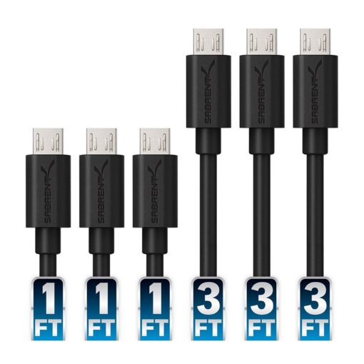 SABRENT [6-Pack 22AWG Premium Micro USB Cables (X3-3ft + X3-1ft) High Speed USB 2.0 A Male to Micro B Sync and Charge Cables [Black] (CB-U631) 1FT AND 3FT