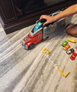 Amazon Basics Toy Car Carrier Truck With Storage For Kids Ages 3 and Up, 6-Pieces Diecast Vehicles & 16 Accessories, Multicolor, Medium 64 81wvZJmk L