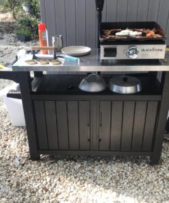 Keter Unity XL Outdoor Kitchen Island Rolling Cart Bar Table & Storage Cabinet, Grill Station with Utensil Hooks for Grilling Accessories, Brown Table and Cabinet 42 81x4r50poL