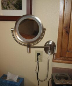 JERDON Two-Sided Wall-Mounted Makeup Mirror with Halo Lighting - Lighted Makeup Mirror with 5X Magnification & Wall-Mount Arm - Plug in Round Mirror with Nickel Finish Wall Mount - Model HL65N 26 81x9Zl36IlL