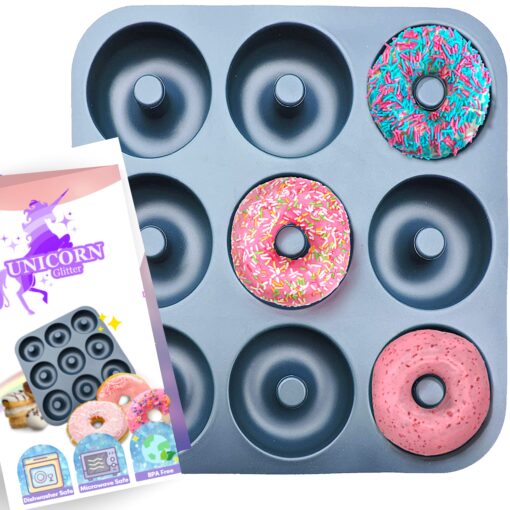 Large Non-Stick 100% LFGB Grade Silicone Donut Pan, Makes 9 Full Size Donuts, Oven, Dishwasher and Freezer Safe Donut Mold by Unicorn Glitter LLC Navy