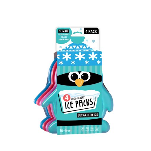 Fit & Fresh Cool Coolers Kids Lunch Box Ice Packs, Slim Ice Packs for Lunch Bags, Lunch Ice Packs Reusable-Multicolored 4 Pack (Penguin) Penguin