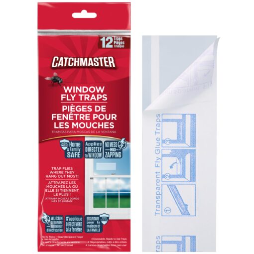 Window Fly Traps by Catchmaster - 12 Count, Ready to Use Indoors. Insect, Bugs, Fly & Fruit Fly Glue Adhesive Sticky Paper - Waterproof Easy Application Ready Disposable Non-Toxic 12 Traps