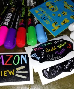 Vaci 10 Multicolored Liquid Chalk Markers | Erasable, Non-Toxic, Water-Based Pens | 6 mm Reversible Tips - Bullet & Chisel | On Chalkboards, Windows, Glass, Mirrors, Blackboards & More | Kids & Adults 10 Markers Set + Drawing Stencils 31 81xaPXY5bjL 1