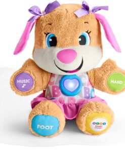 Fisher-Price Laugh & Learn Baby & Toddler Toy Smart Stages Sis With Pink Skirt and Purple Bows, Interactive Plush Dog with Music Lights & Learning Content for Ages 6+ Months Sis - Pink 50 81xcWVqYDYL