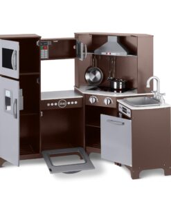 Amazon Basics Kids Corner Wooden Kitchen Toy Playset with Stove, Oven, Sink, Fridge and Accessories, for Toddlers, Preschoolers, Children Age 3+ Years, Espresso/Gray, 39.37"L x 28.35"W x 35.04"H Corner Kitchen 25 81xeAAdv68L