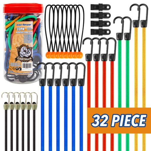 Cartman 32 Piece Bungee Cords Assortment Jar Includes 10" 18" 24" 32" 40" Bungee Cord with Hooks, 8" Canopy Tarp Ball Ties and Tarp Clips 32PC